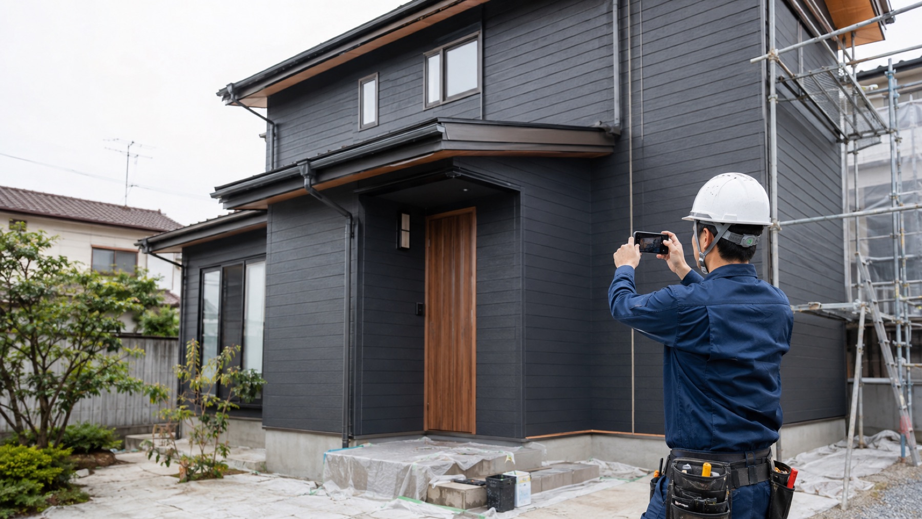 熊本市東区で外壁塗装を終えた住宅を確認する職人