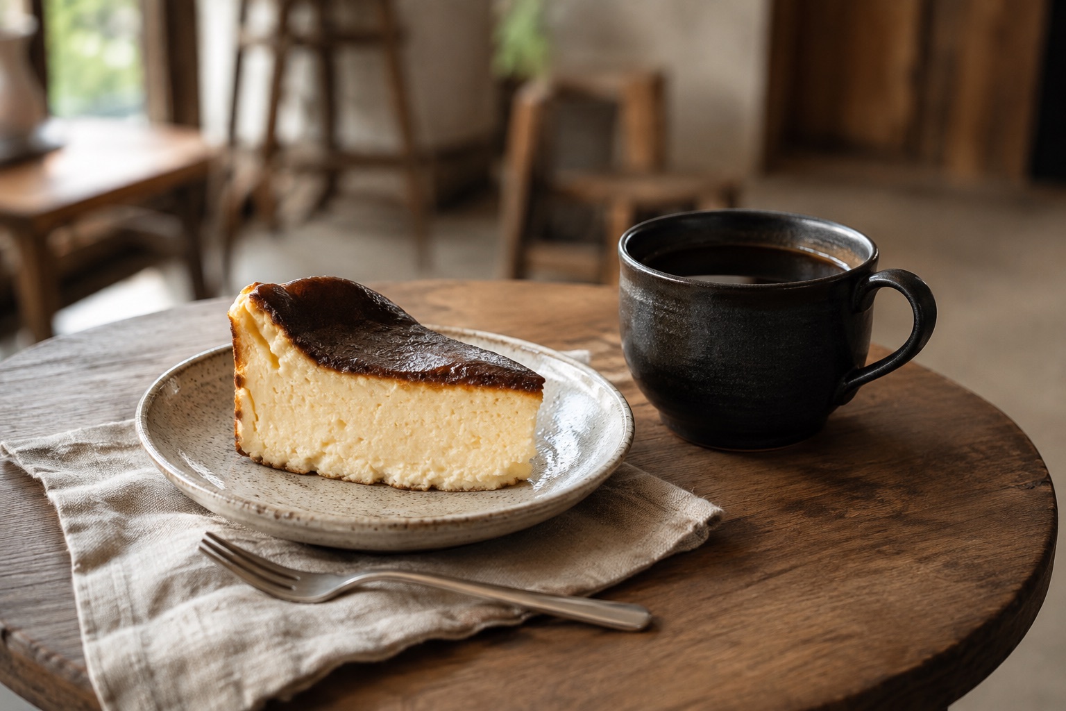 木のテーブルに置かれたバスクチーズケーキと珈琲