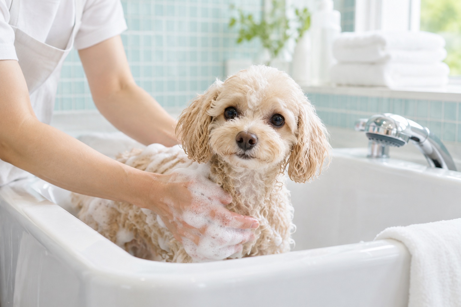 清潔な洗い場で、小さな犬をやさしくシャンプーするイメージ