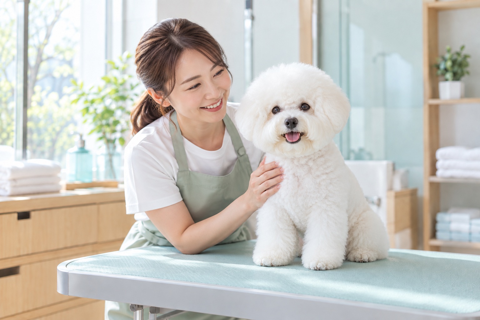 白い犬にやさしく寄り添う女性トリマーのイメージ