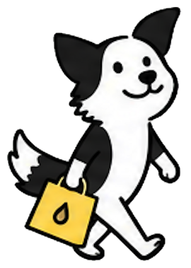 黄色い買い物袋を持って二本足で歩くボーダーコリーのキャラクター